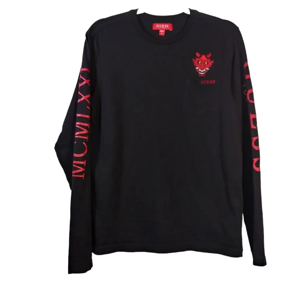 Guess Black Embroidered Westin Devil Long Sleeve Crew Neck Size M - Picture 1 of 8